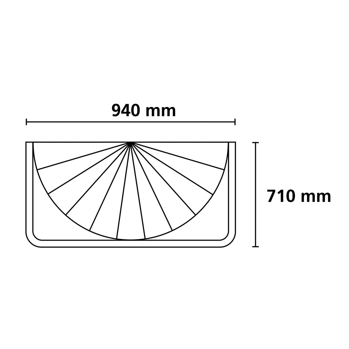 Skizze rechteckige Duschwanne mit Halbkreis, 940 x 710 mm Gesamtmaßen