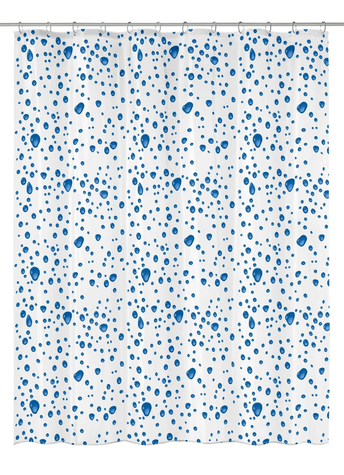 Weißer Duschvorhang mit blauem Wassertropfen-Muster in mehreren Größen