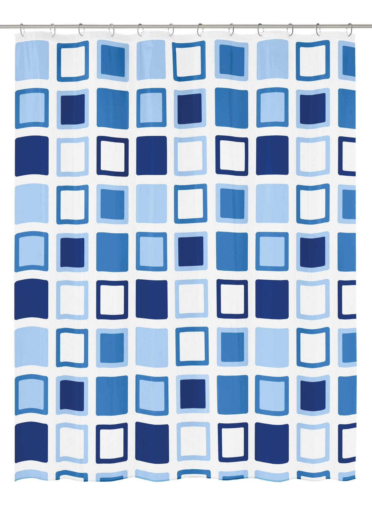 Duschvorhang mit blau-weißen Quadraten in hellen und dunklen Tönen