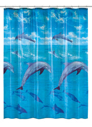 Blauer Duschvorhang mit springenden Delfinen auf blauem Ozeanmotiv