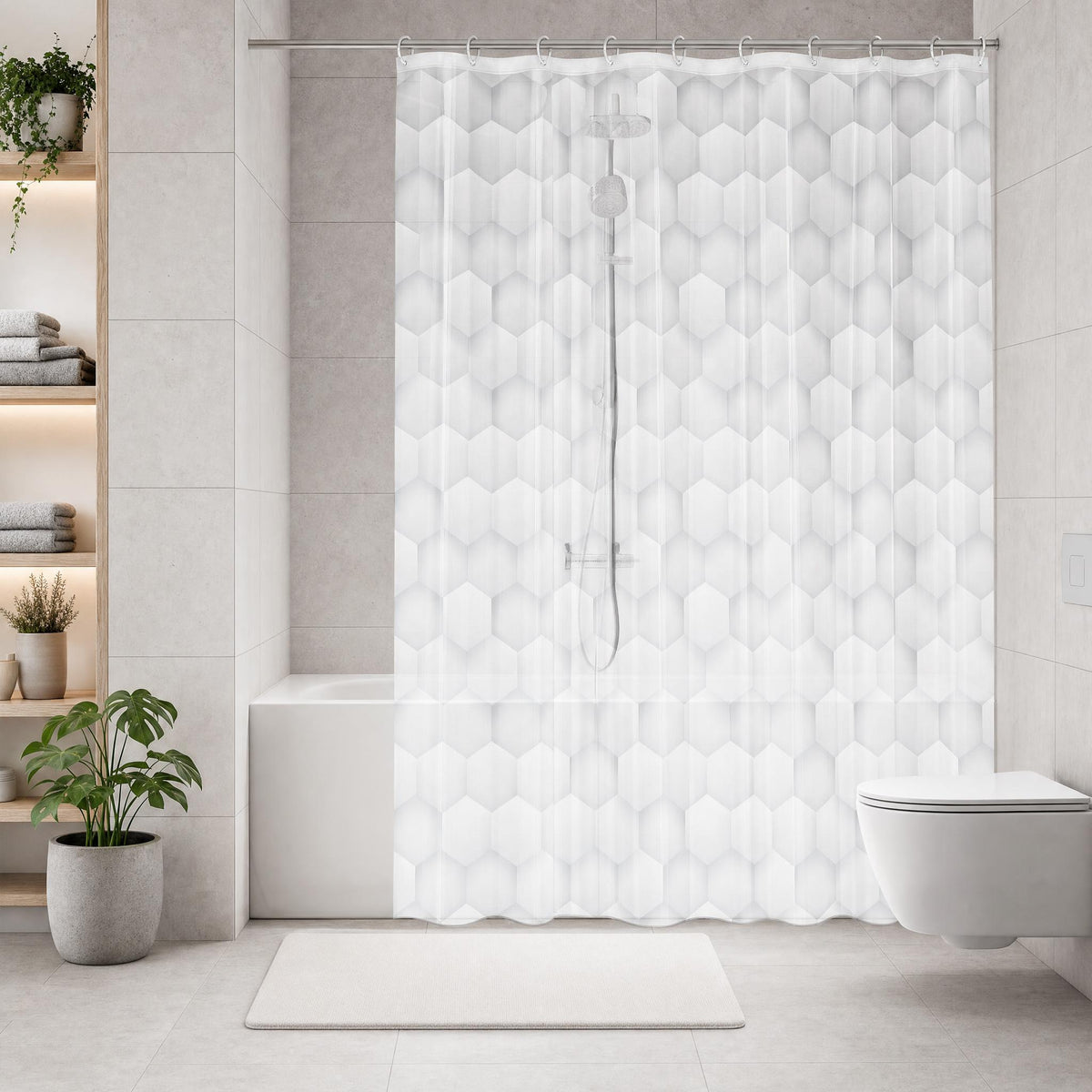 Heller Duschvorhang mit Hexagonmuster in modernem Badezimmer.