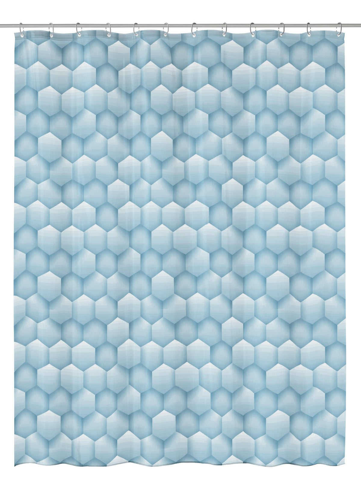 Blauer Duschvorhang mit geometrischem Hexagonmuster an silberner Stange.