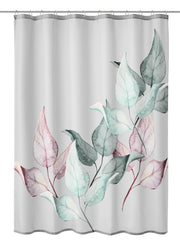 Grauer Duschvorhang mit zarten Blättern in Rosa, Mint und Dunkelgrün.
