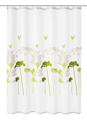 Weißer Duschvorhang mit grünem und beigem Blumen- und Schmetterlingmotiv