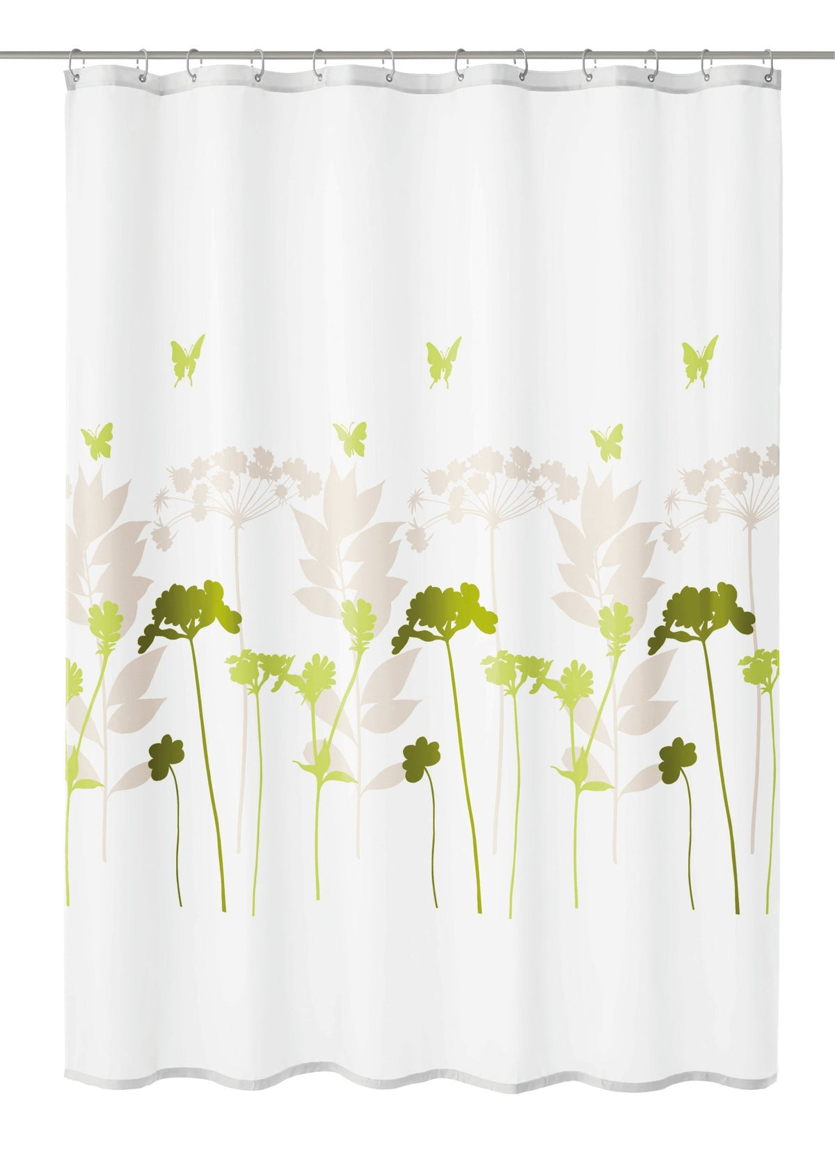 Weißer Duschvorhang mit grünem und beigem Blumen- und Schmetterlingmotiv