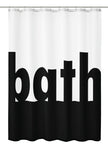 Schwarz-weißer Duschvorhang mit großem Schriftzug bath in Blockbuchstaben