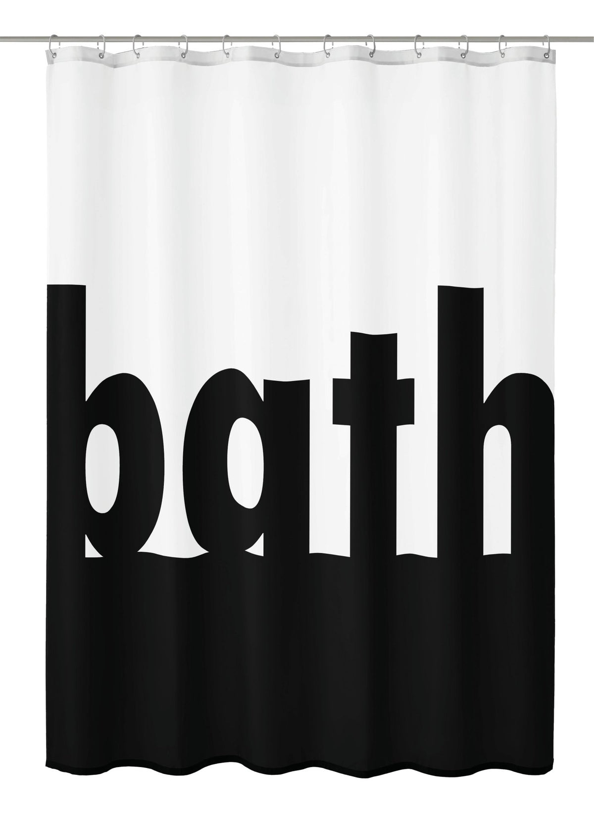 Schwarz-weißer Duschvorhang mit großem Schriftzug bath in Blockbuchstaben