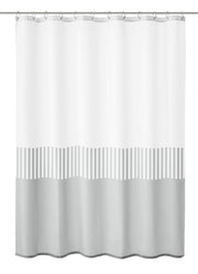 Weiß-grauer Duschvorhang mit Streifenmuster an einer Metallstange.