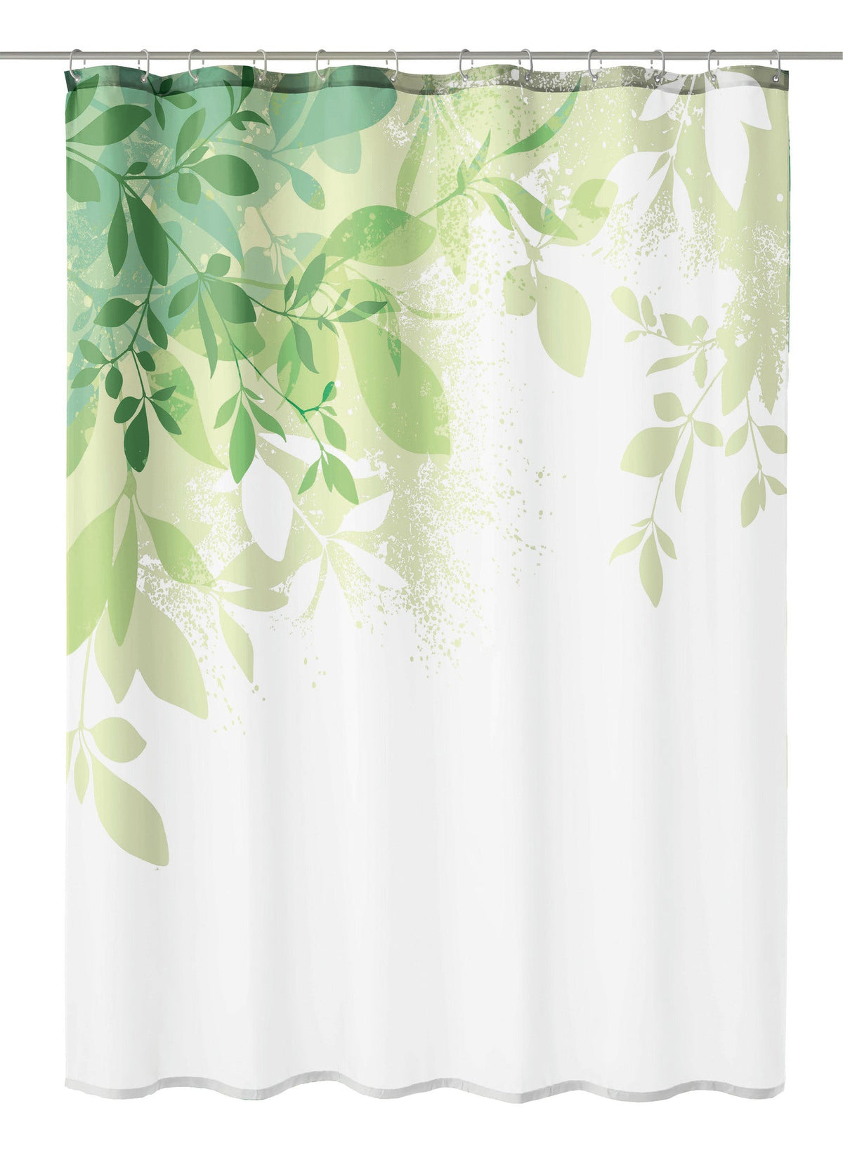 Weißer Duschvorhang mit grünem Blattmotiv im Aquarellstil oben bedruckt