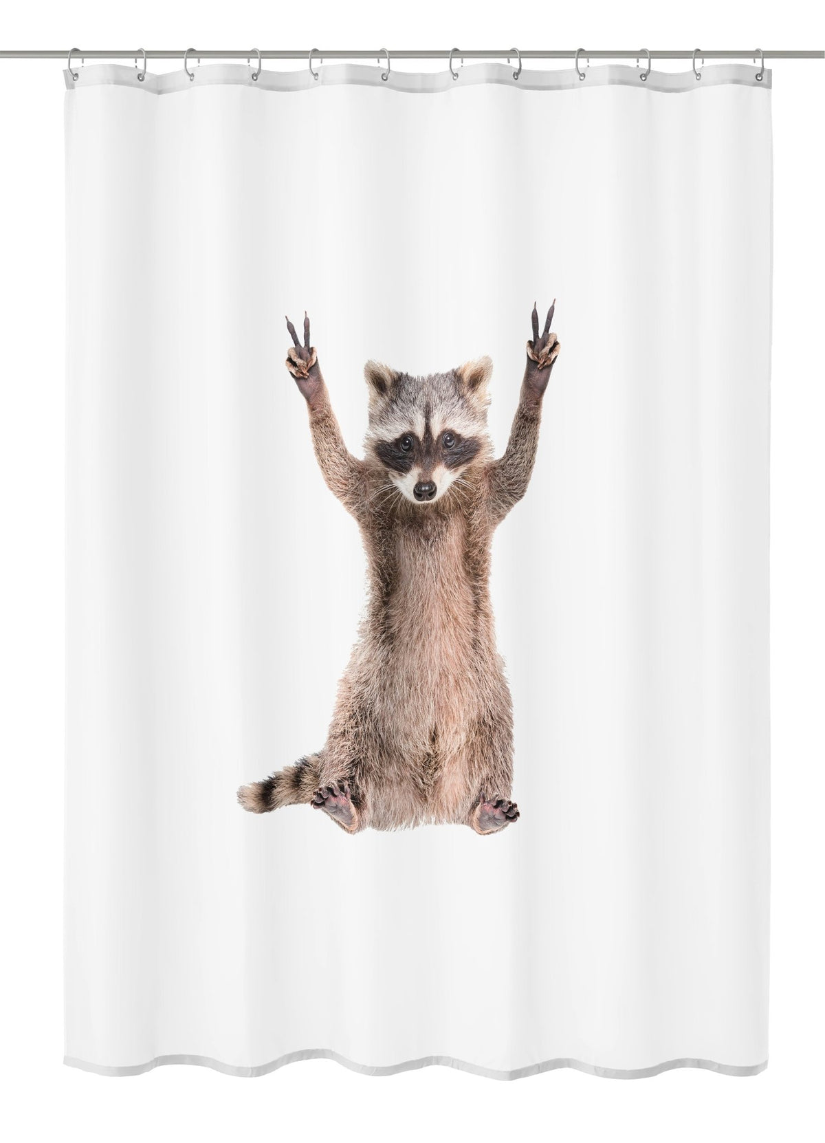 Weißer Duschvorhang mit sitzendem Waschbär, der beide Arme hebt hoch