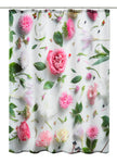 Duschvorhang mit rosa und weißen Blumen sowie grünen Blättern auf weißem Hintergrund