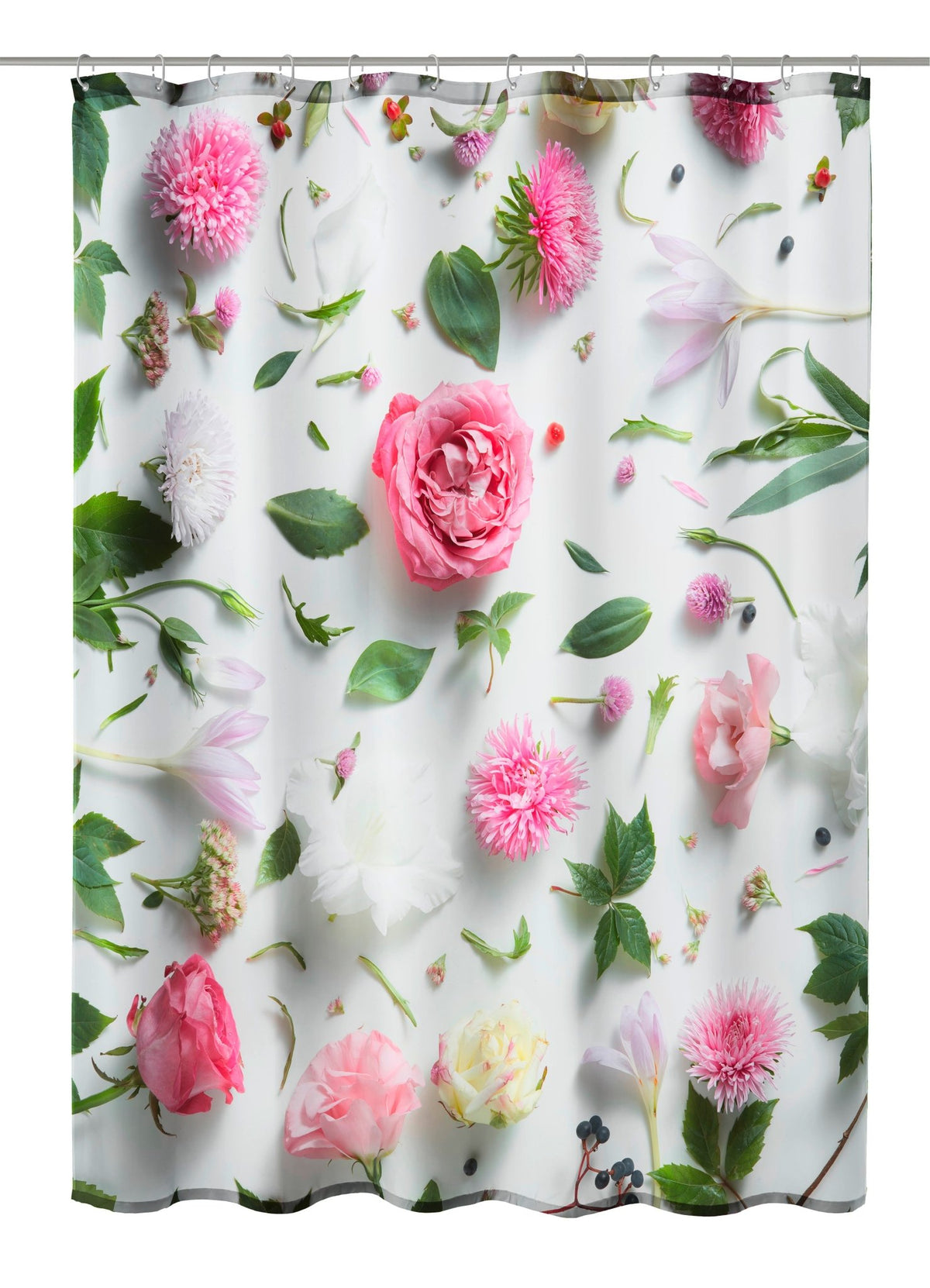 Duschvorhang mit rosa und weißen Blumen sowie grünen Blättern auf weißem Hintergrund