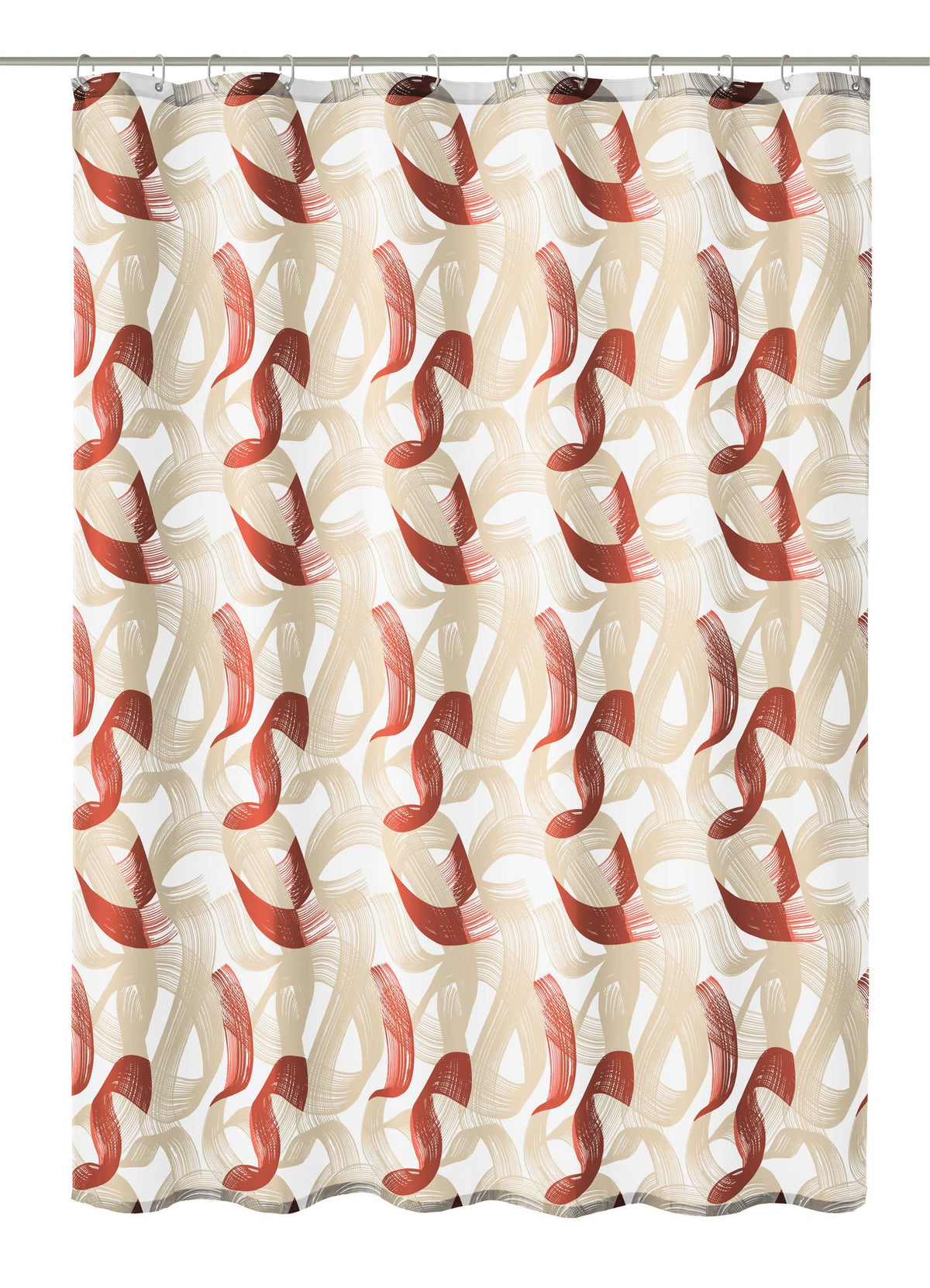 Duschvorhang mit abstraktem Design in Goldfarben und Roségoldfarben auf Weiß.