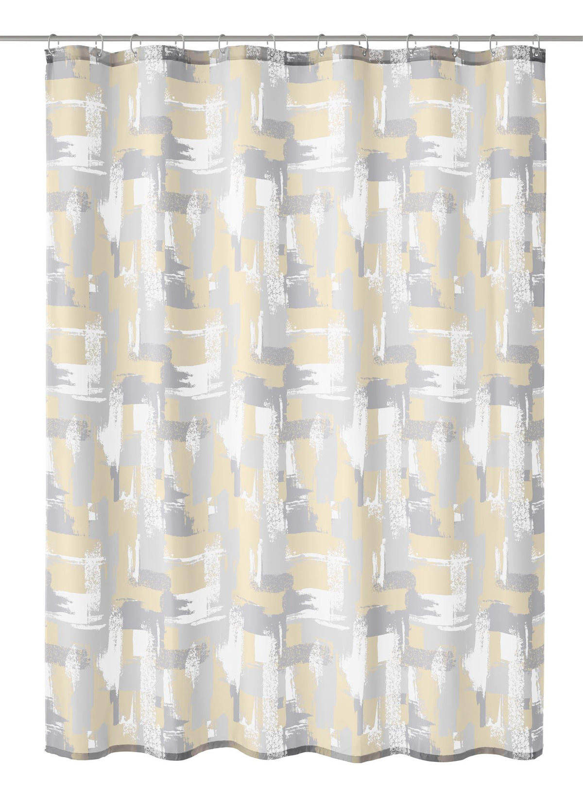 Duschvorhang mit abstraktem Muster in Grau, Weiß und Beige an Stange.