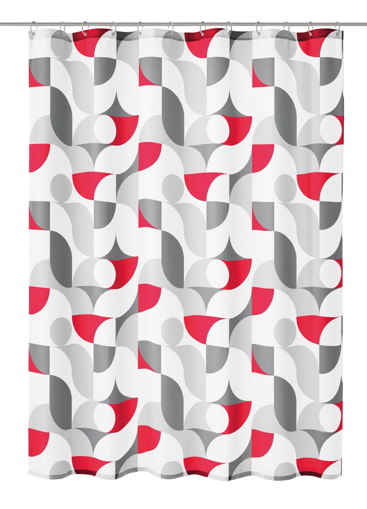 Duschvorhang geometrisches Muster in Rot und Grau auf hellem Hintergrund
