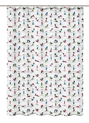 Weißer Duschvorhang mit bunten Yoga-Figuren in verschiedenen Posen