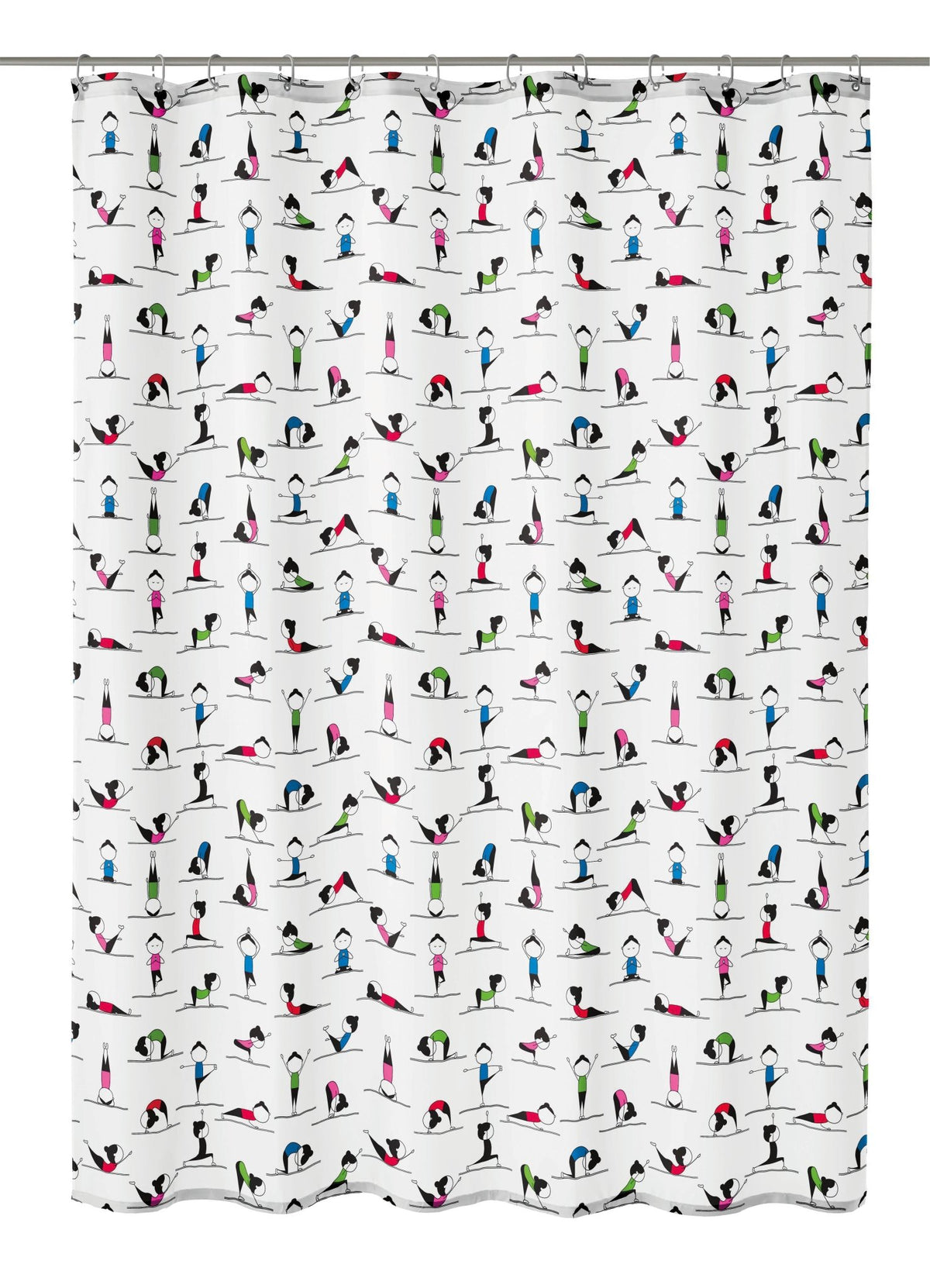 Weißer Duschvorhang mit bunten Yoga-Figuren in verschiedenen Posen
