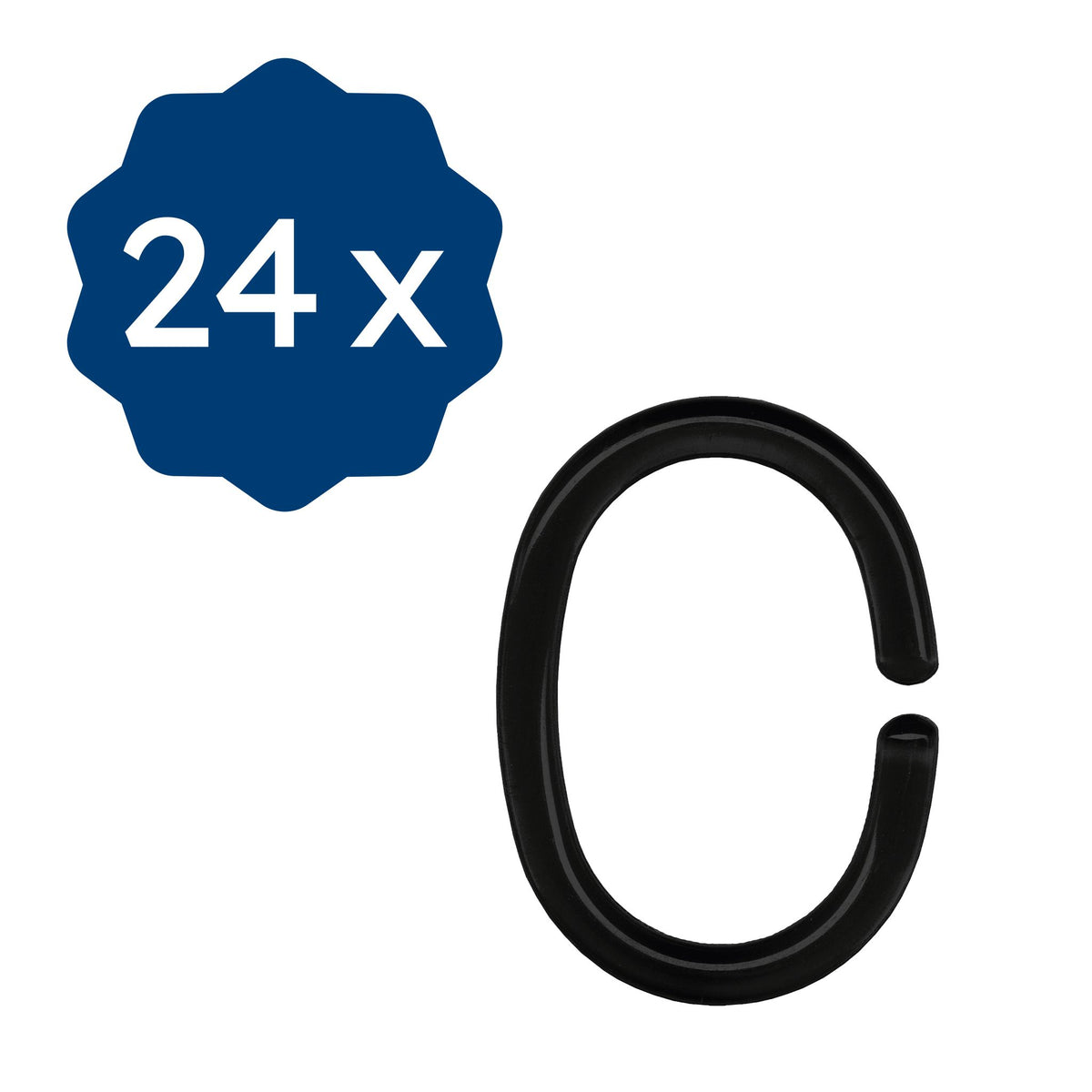 24 schwarze C-förmige Duschvorhangringe aus Kunststoff im Set abgebildet