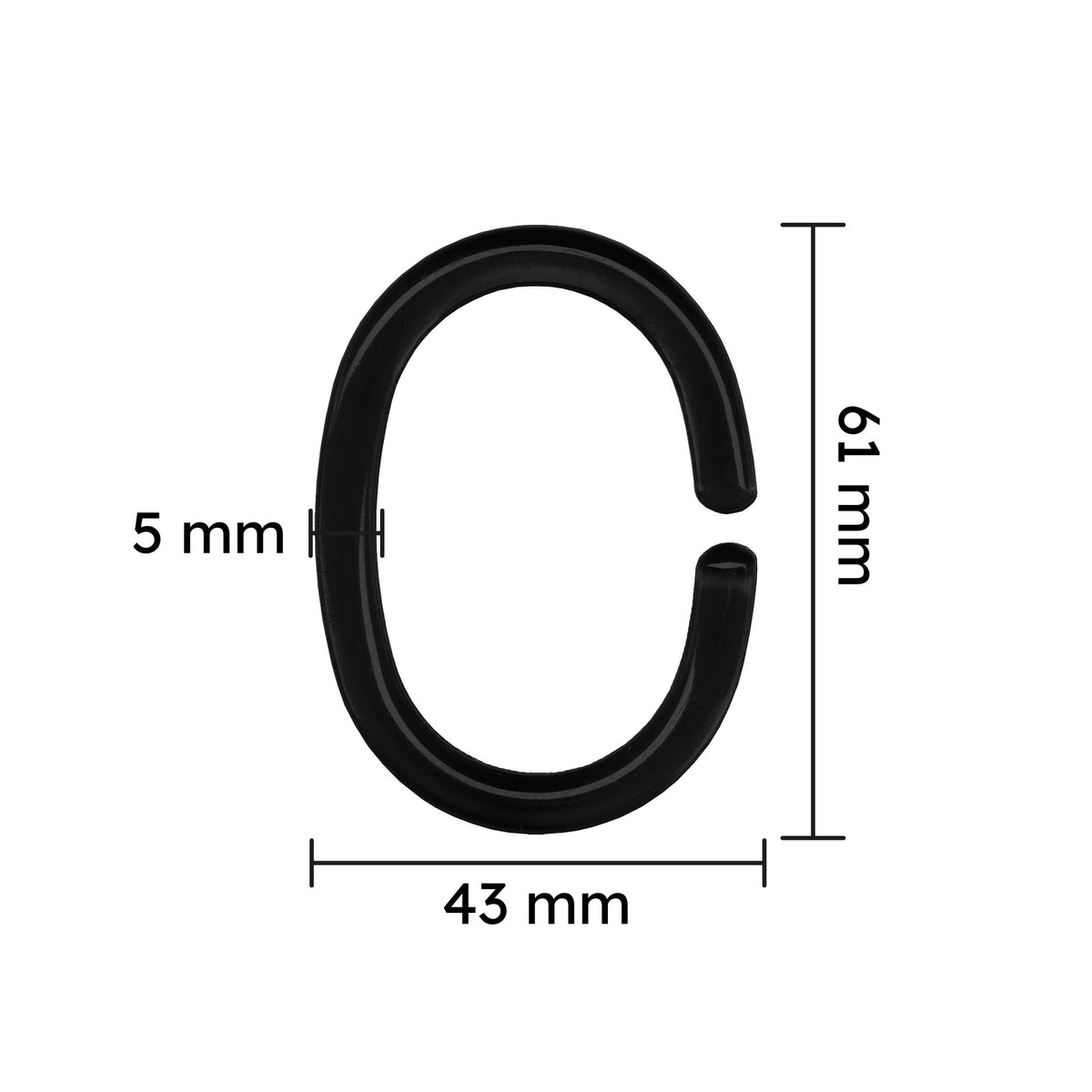 C-förmiger schwarzer Duschvorhangring mit Maßen 61 x 43 x 5 mm groß