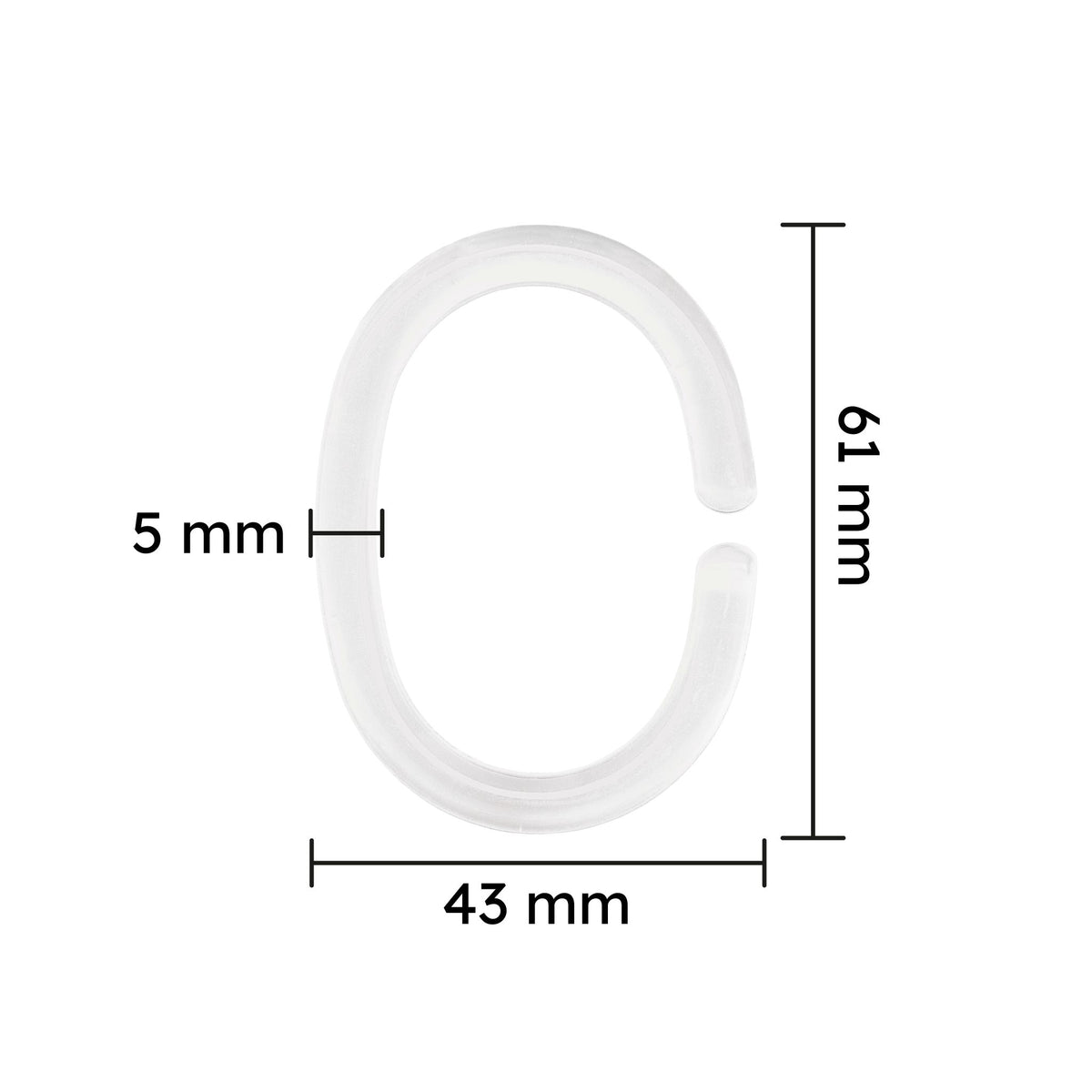 Transparenter C-förmiger Duschvorhangring mit Maßangaben 61x43x5 mm