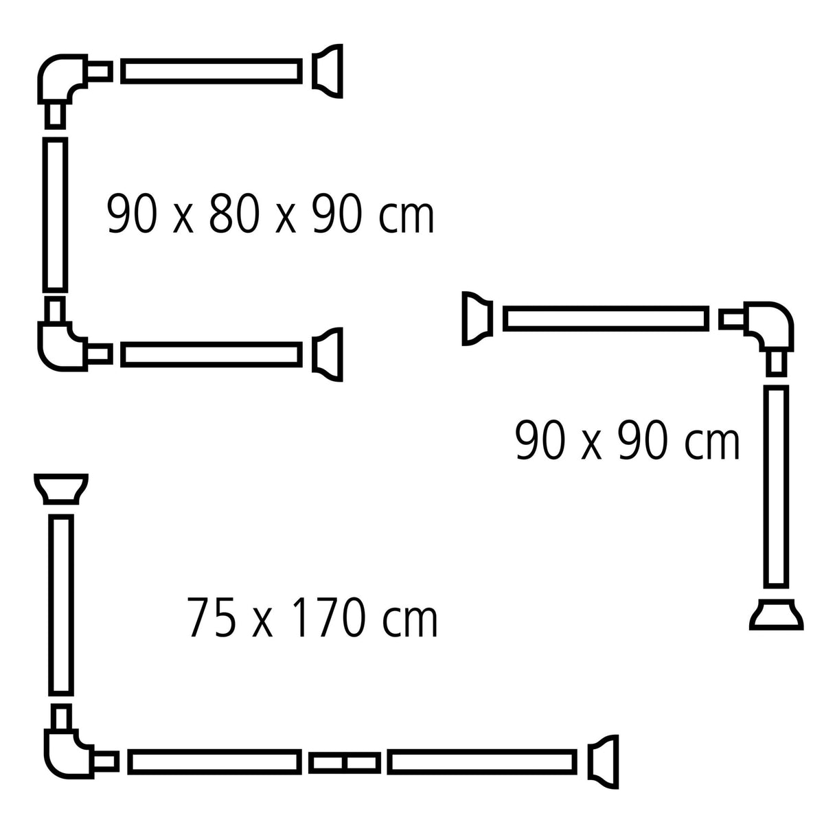 Drei L-förmige Duschvorhangstangen mit Maßen 90x80x90, 90x90, 75x170 cm