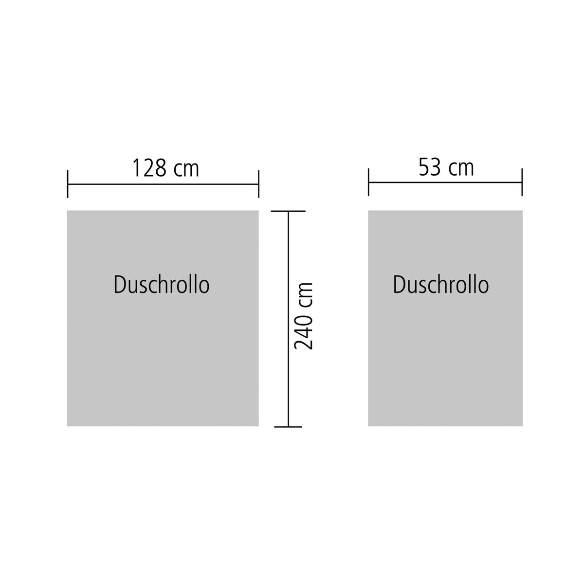 Zwei Duschrollos mit Maßen 128x240 cm und 53x240 cm in Skizze dargestellt