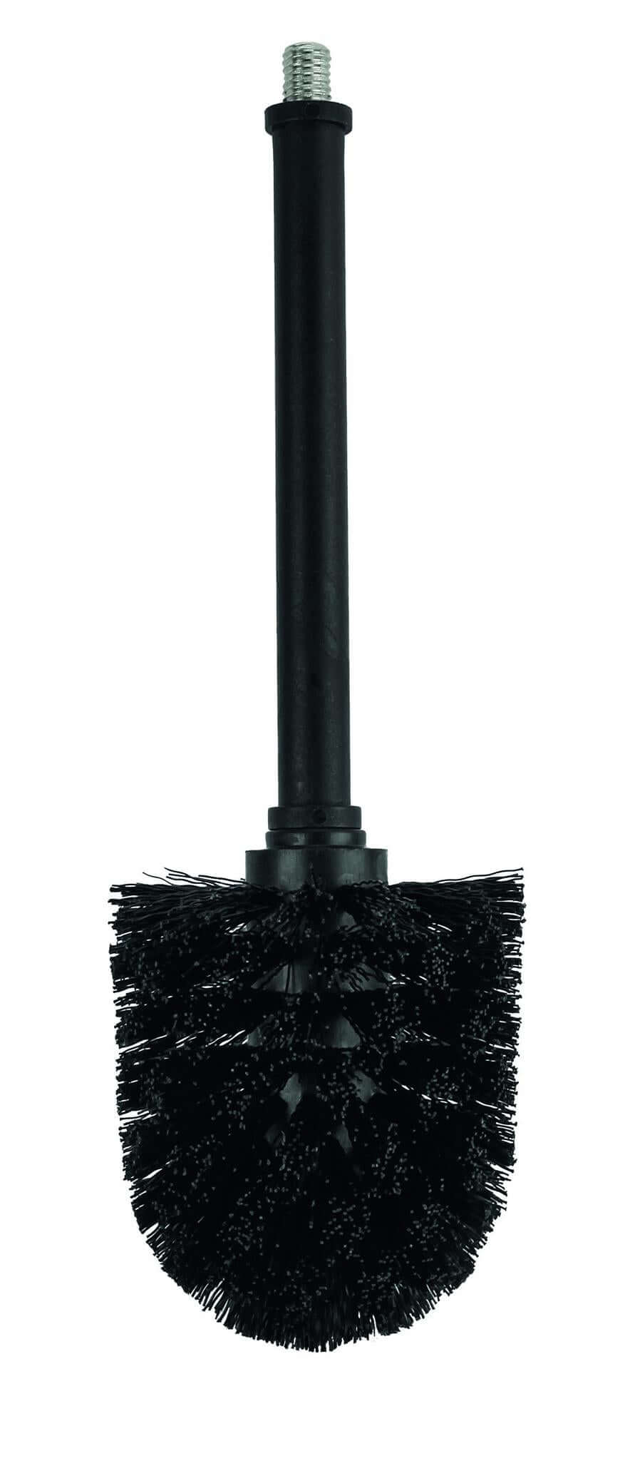 Schwarze WC-Bürste mit langem Griff und Gewinde vor weißem Hintergrund.