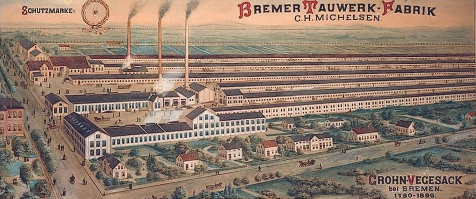Historische Illustration einer Fabrik mit mehreren rauchenden Schornsteinen