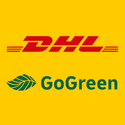 DHL Logo mit grünem Blatt und GoGreen Schriftzug auf gelbem Grund