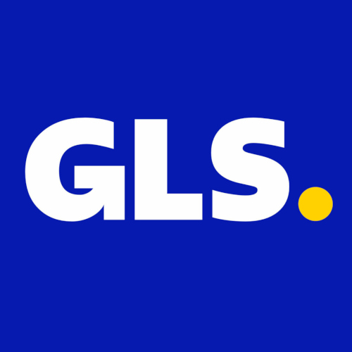 GLS Logo in Weiß mit gelbem Punkt auf blauem quadratischen Hintergrund