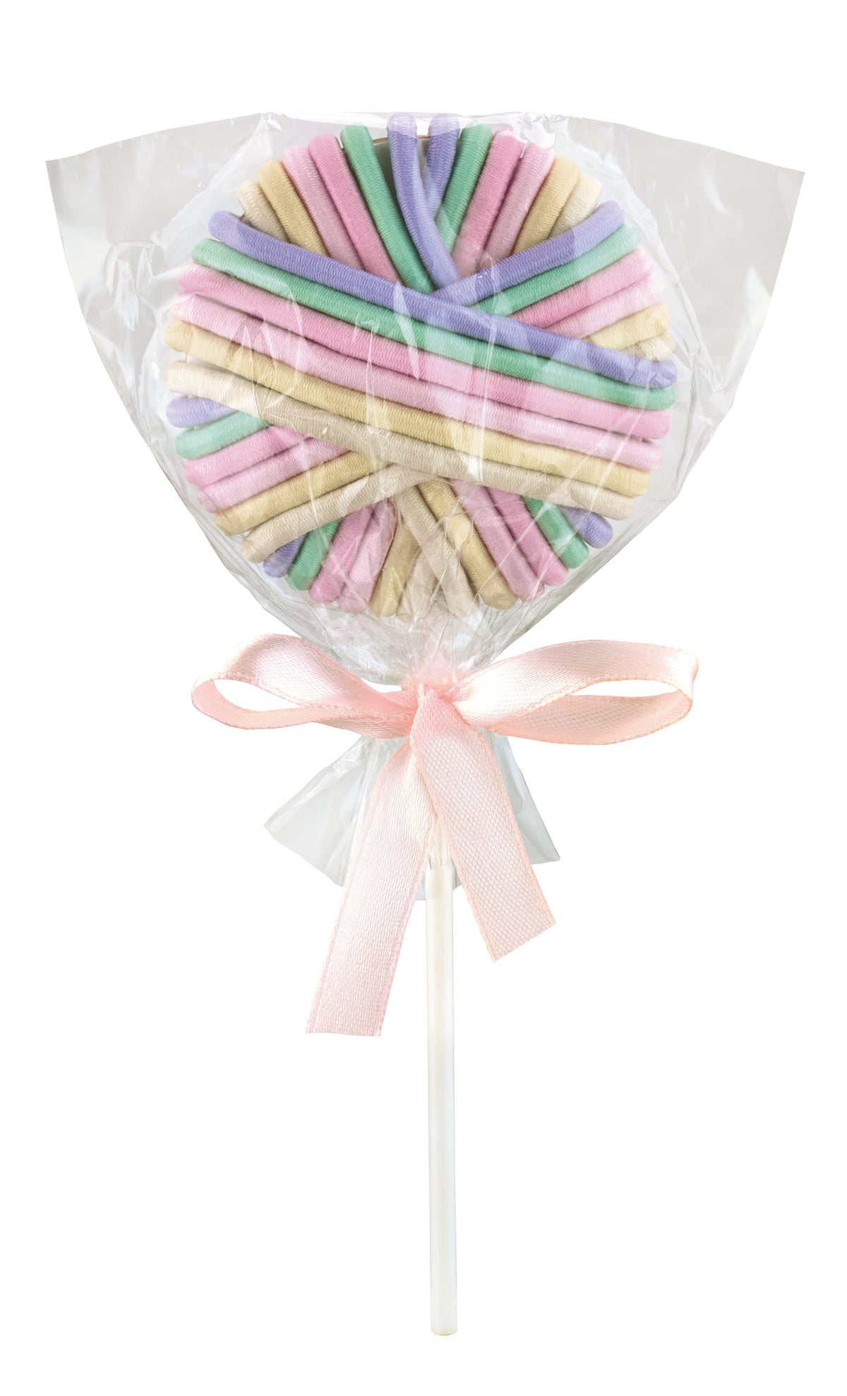 Pastellfarbener Handtuch-Lolli in Klarsichtfolie mit rosa Schleife