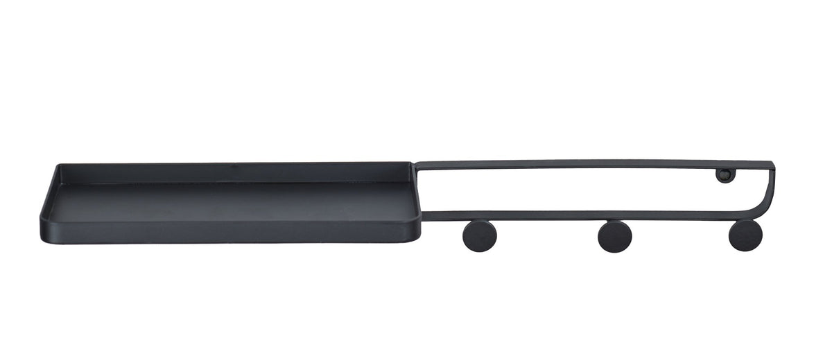 Schwarze Wandablage aus Metall mit Ablagefläche und vier Haken