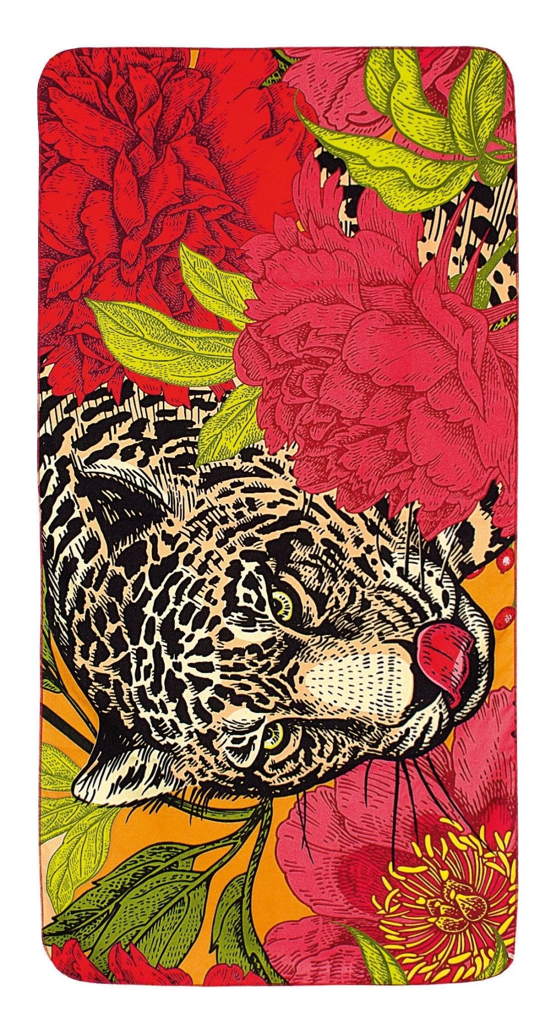 Buntes Badetuch mit Leopardenkopf und großen roten Blumenmotiven