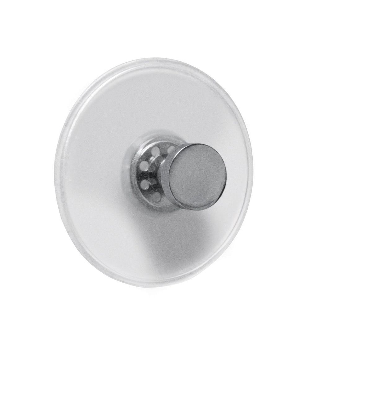 Transparenter Wandhaken mit Saugnapf und rundem Metallknopf vorn sichtbar