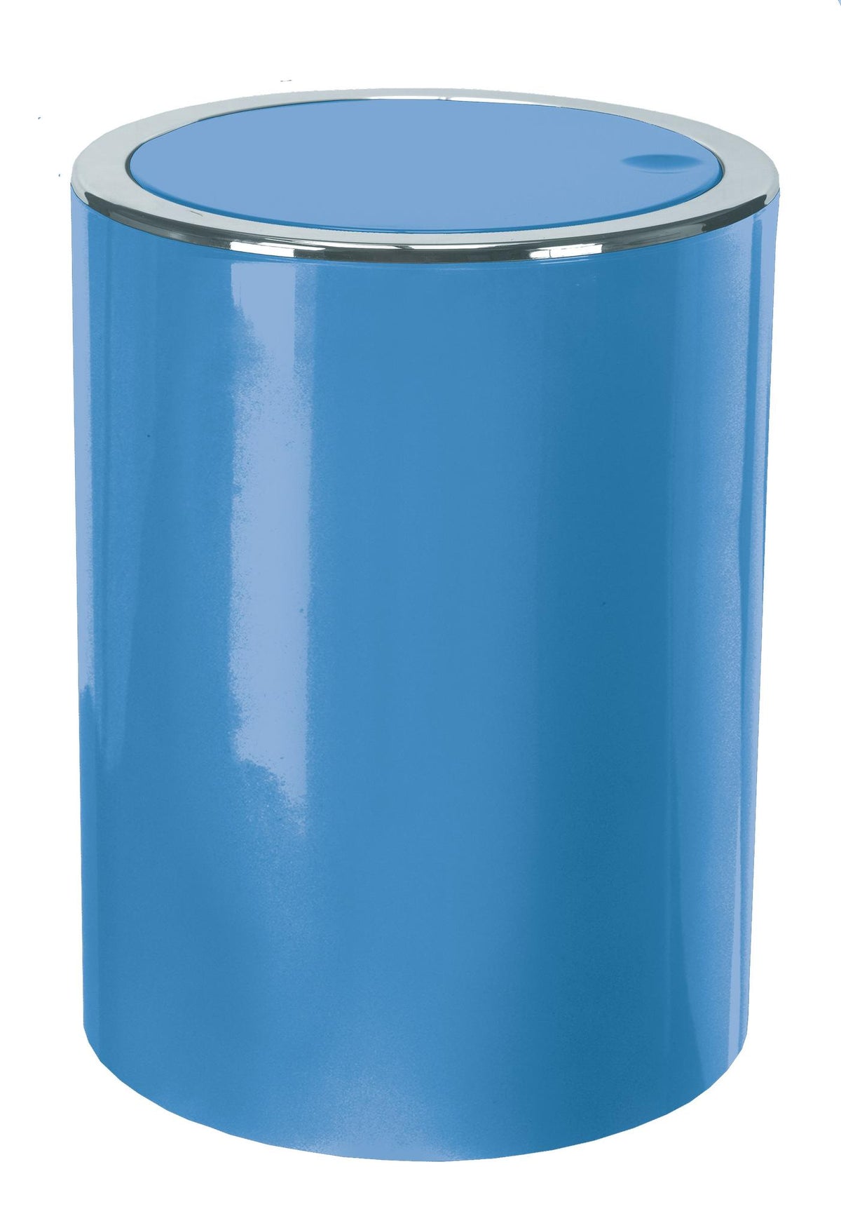Blauer runder Behälter mit Deckel und silbernem Rand auf weißem Grund.
