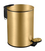 Goldfarbener Treteimer mit Deckel und Pedal auf weißem Hintergrund.