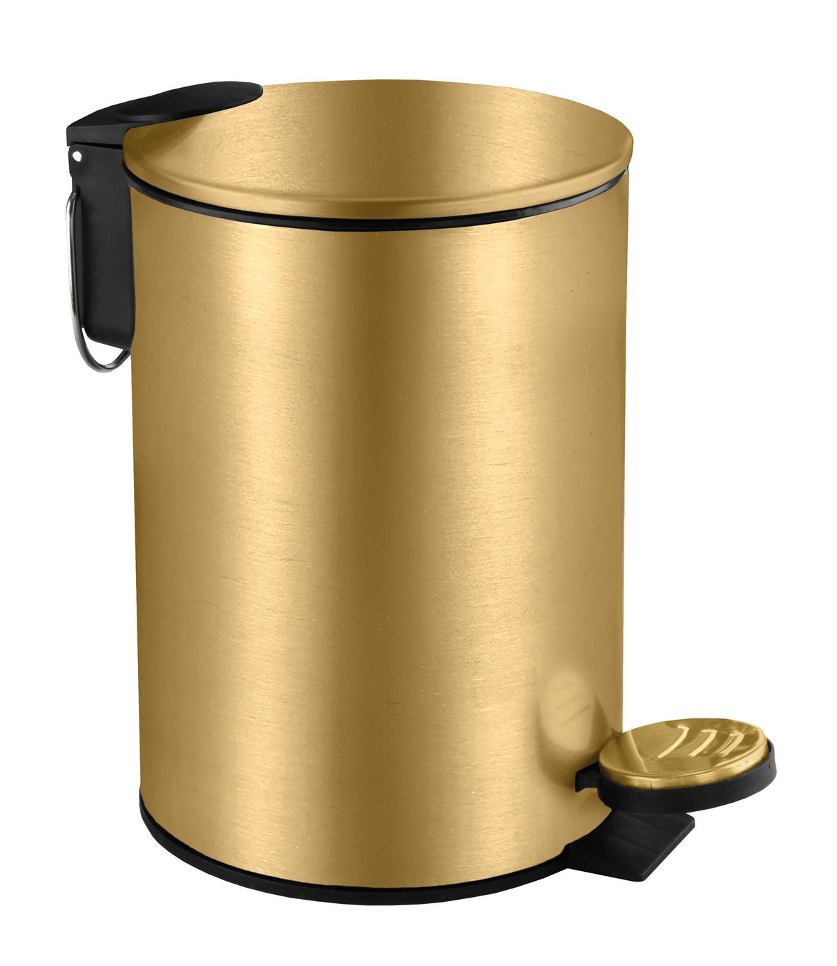 Goldfarbener Treteimer mit Deckel und Pedal auf weißem Hintergrund.