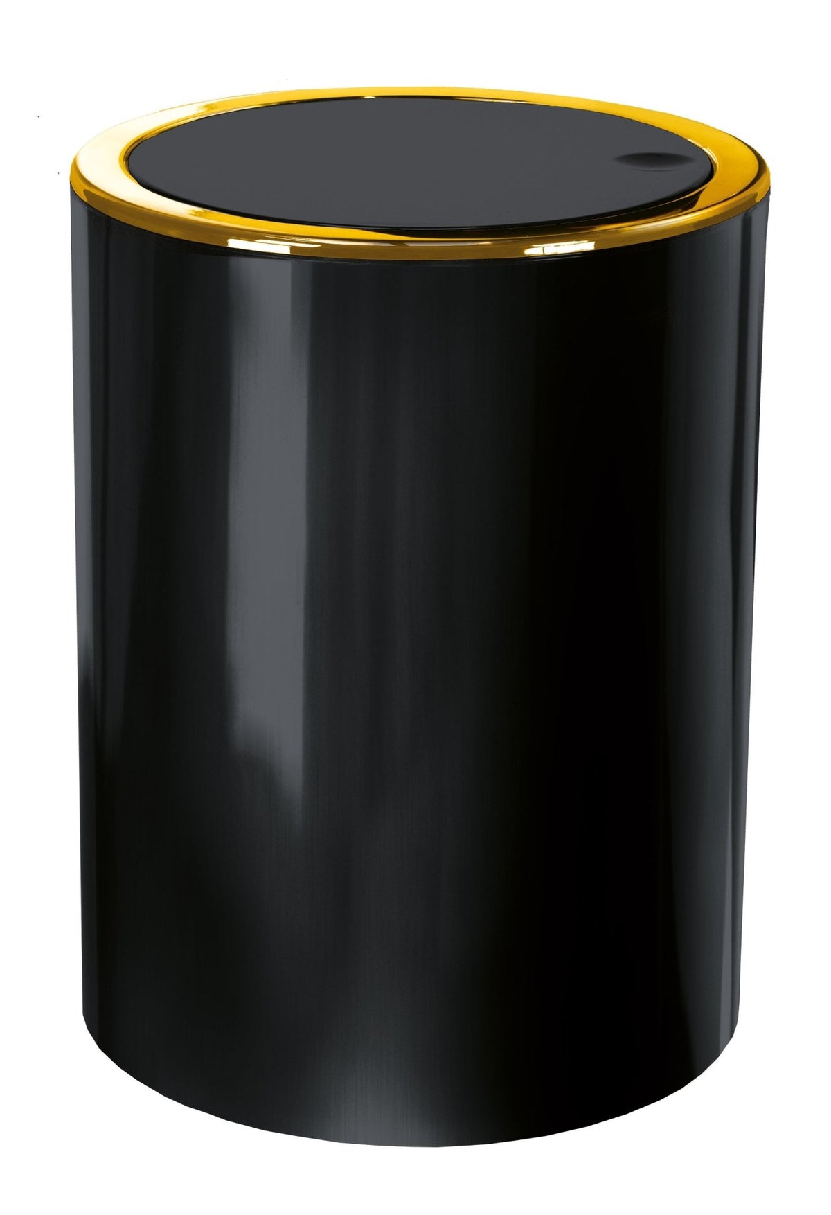 Schwarzer zylindrischer Badmülleimer mit goldenem Rand und Deckel