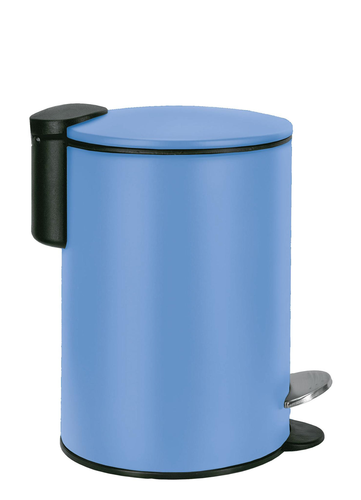 Blauer Treteimer mit schwarzem Deckel und Pedal vor weißem Hintergrund.