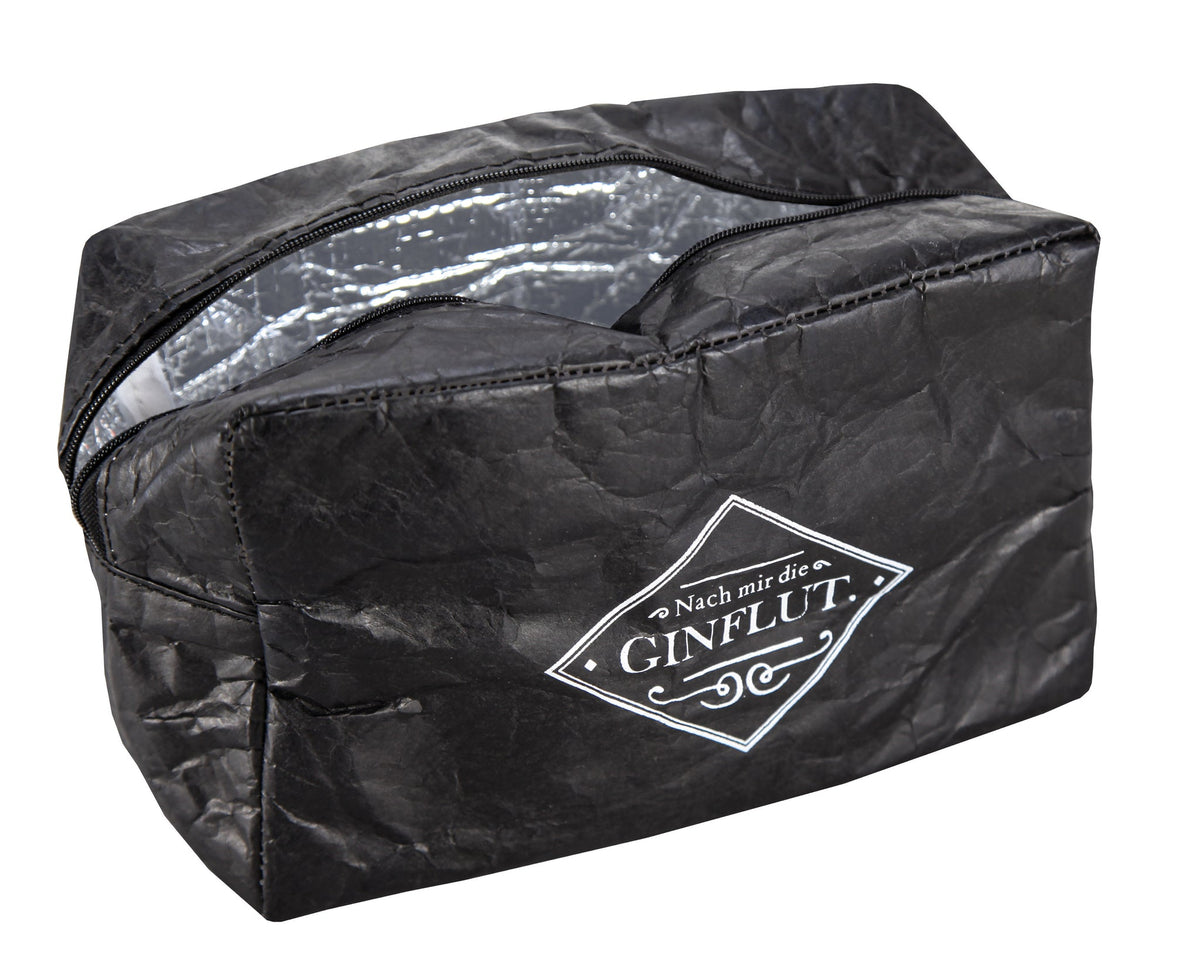 Schwarze Kulturtasche mit Reißverschluss und Aufdruck Nach mir die Ginflut