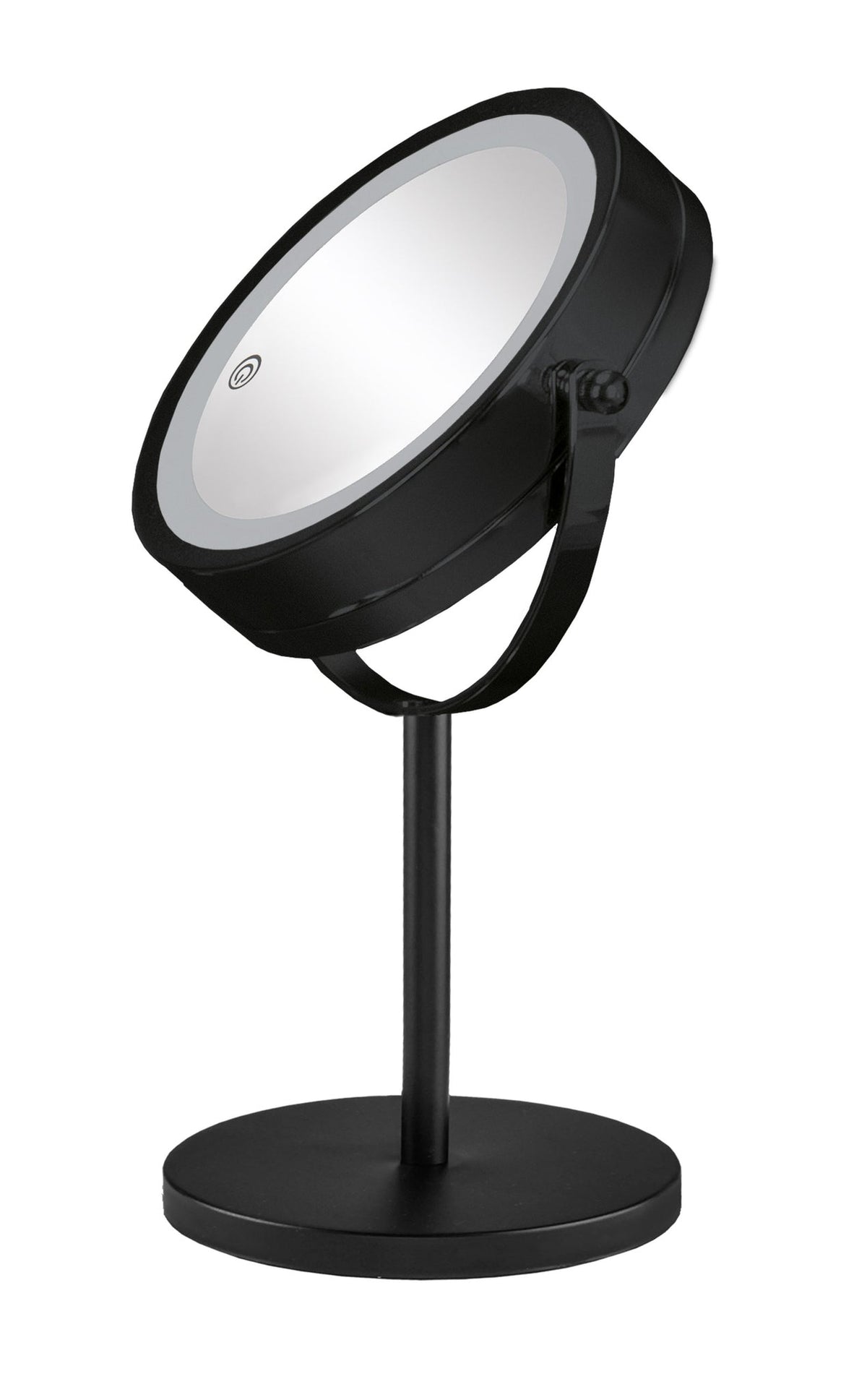 Schwarzer Stand-Kosmetikspiegel mit runder LED-Beleuchtung und verstellbarem Rahmen