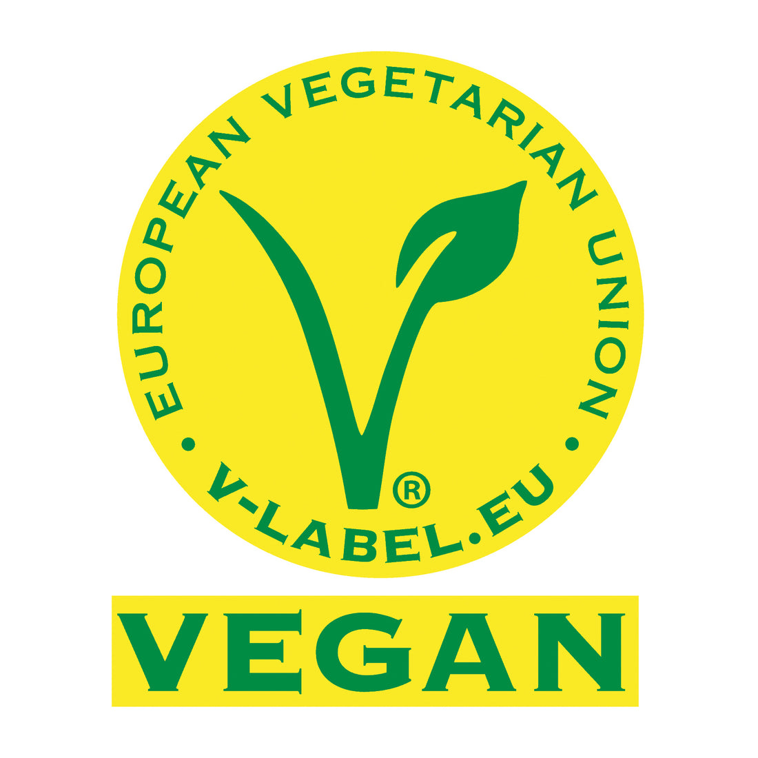 Gelbes Vegan-Siegel mit grünem V-Logo und Schrift European Vegetarian Union