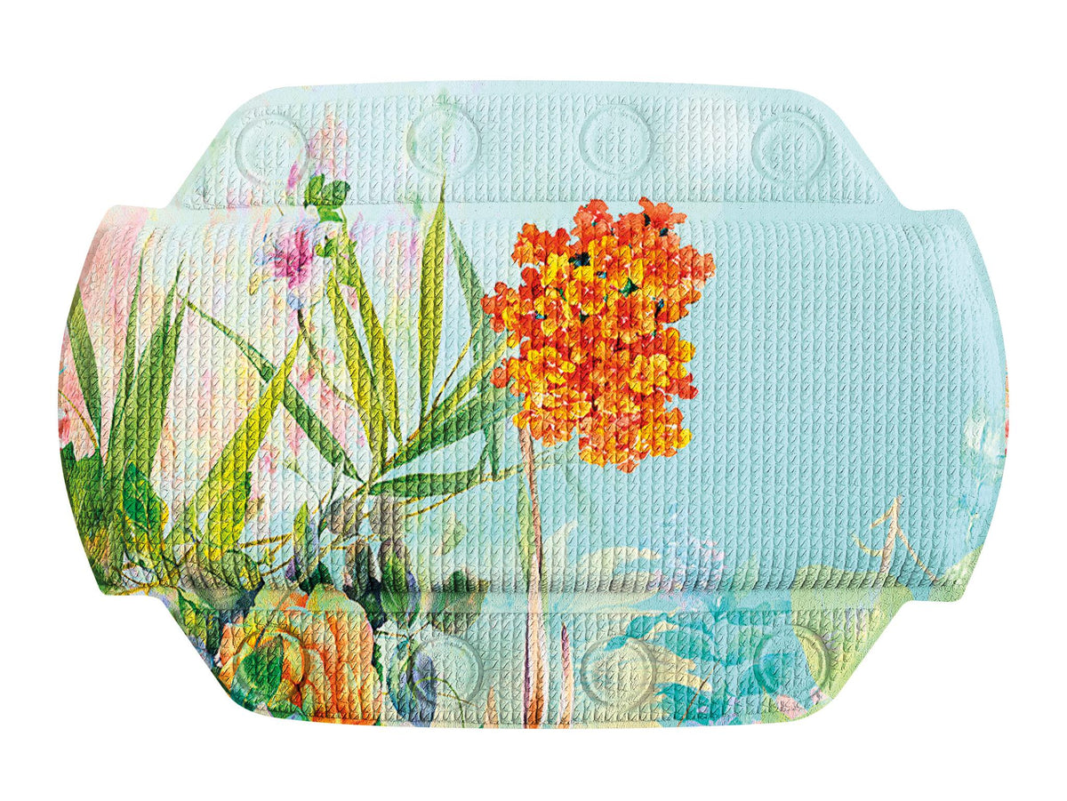 Hellblaues Nackenpolster mit floralem Muster und orangefarbener Blüte.