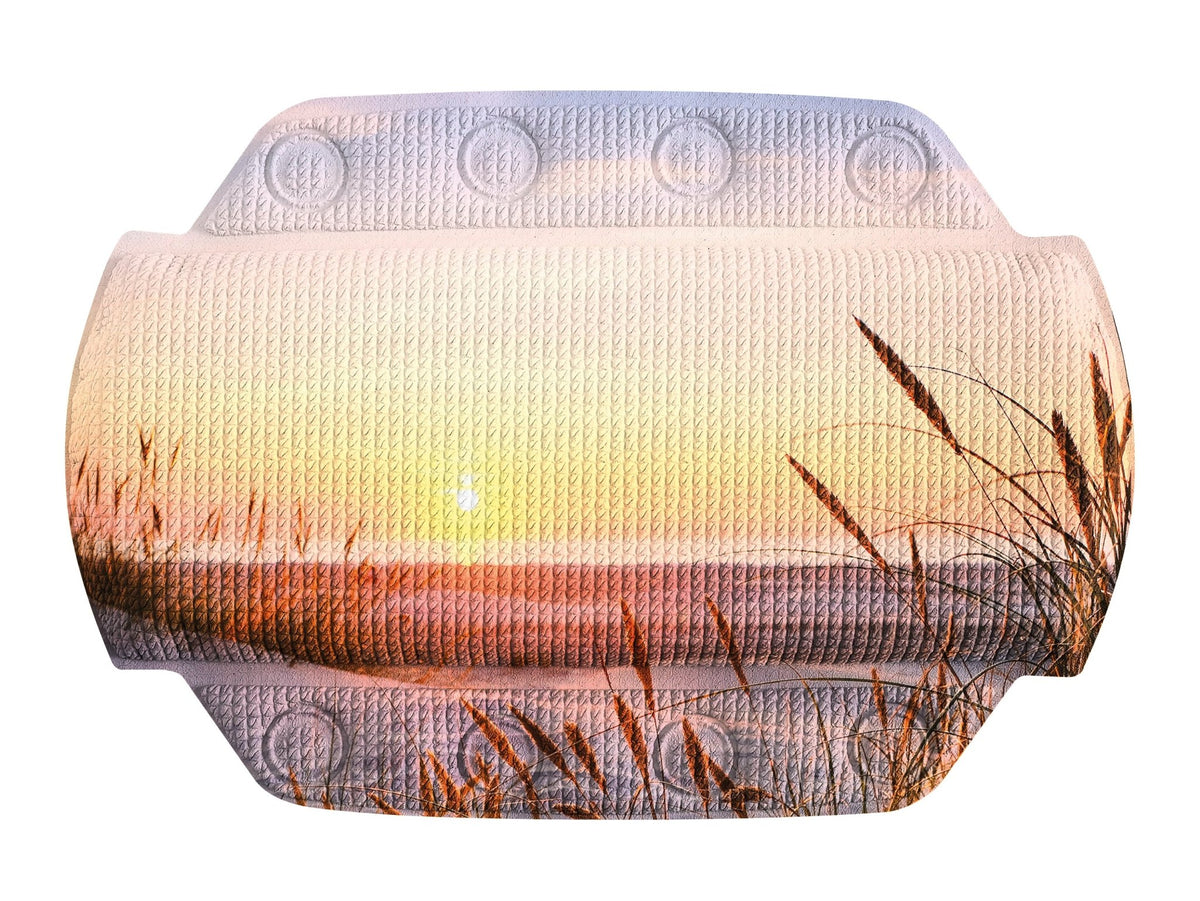 Strukturierte Badematte mit Sonnenuntergang und Dünen-Gräsern als Motiv