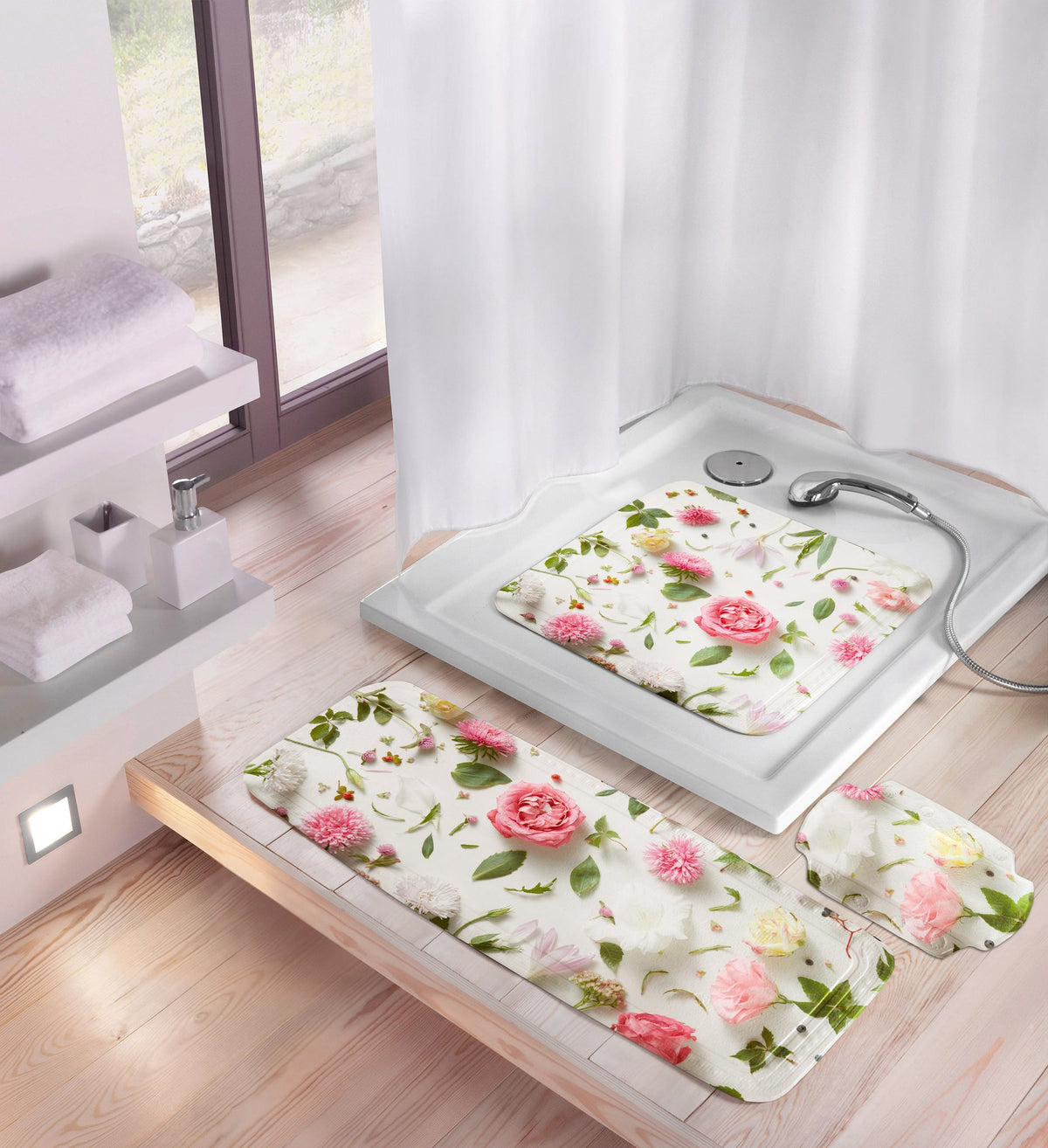 Duschwanne mit floralem Badteppich-Set und Handbrause im modernen Bad
