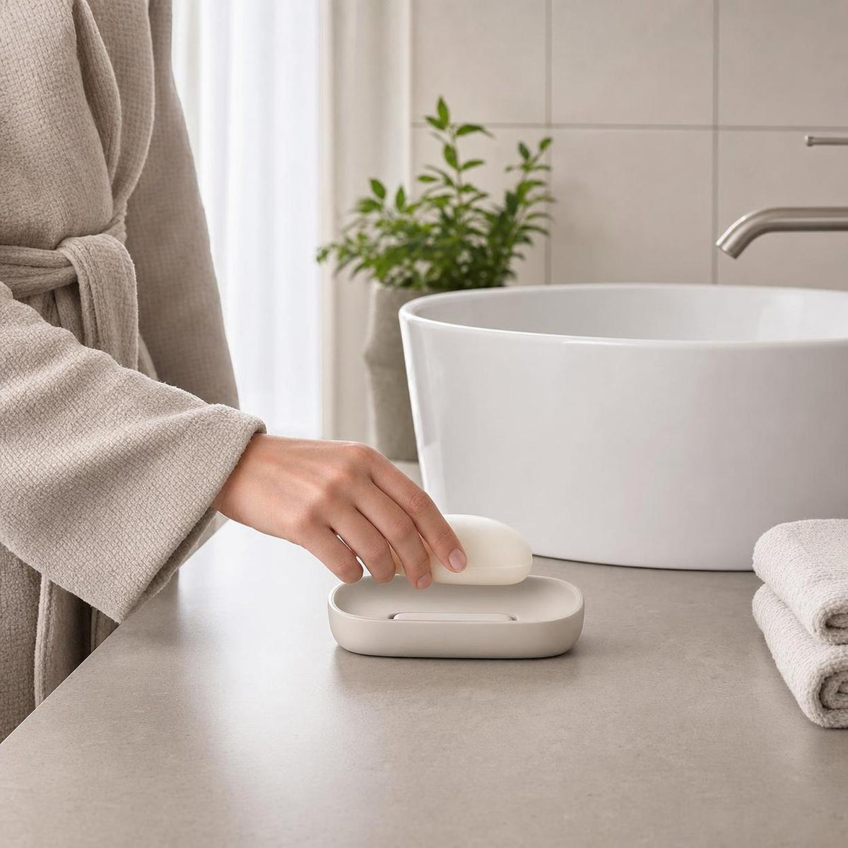Eine Hand legt Seife in eine beige Seifenschale am Waschbecken.