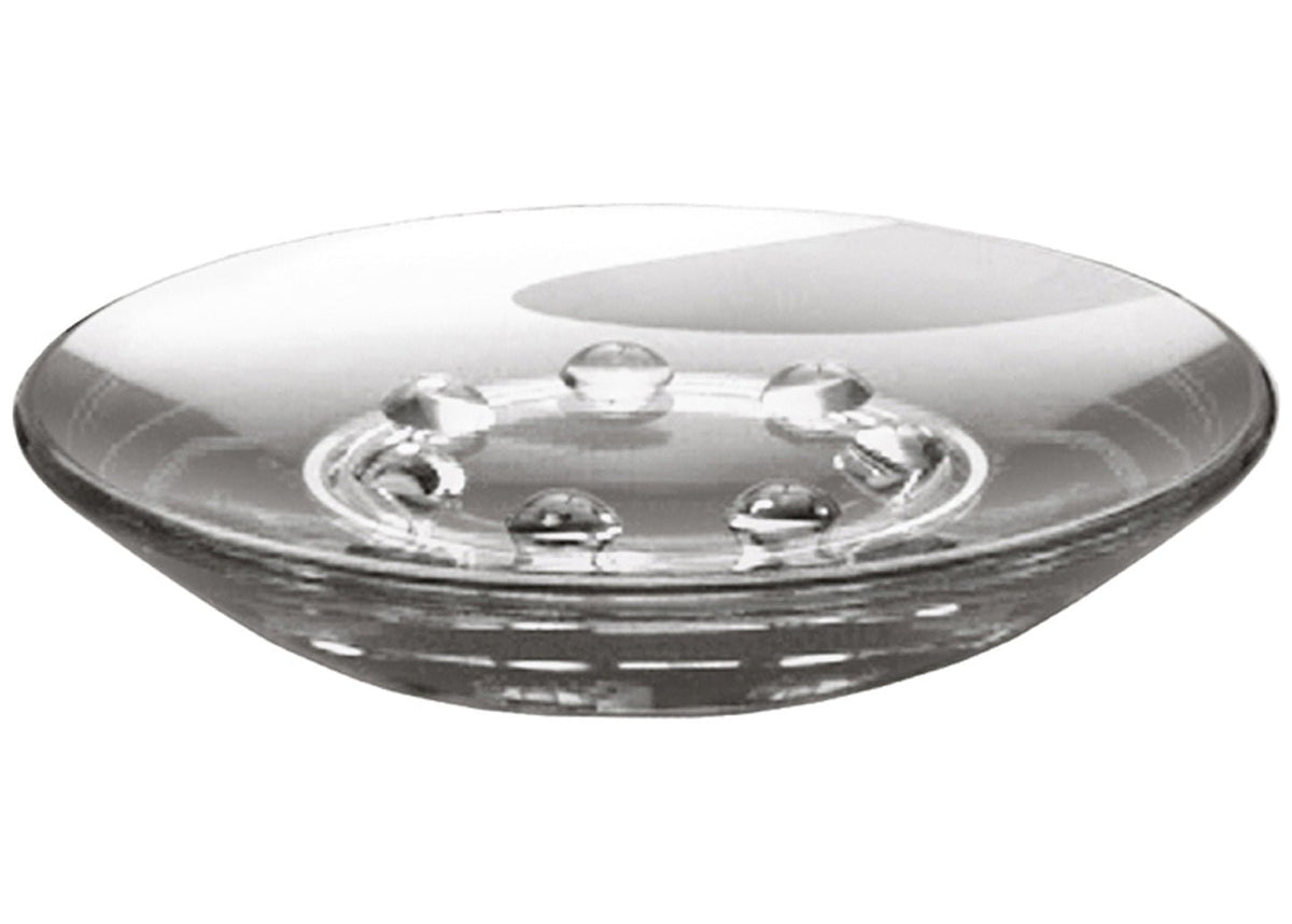 Runde, transparente Seifenschale aus Glas mit erhöhten Noppen innen auf dem Boden
