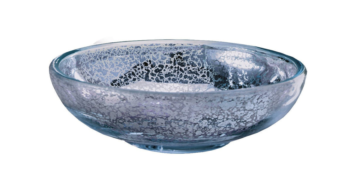 Rundes Glas-Waschbecken mit grauer marmorierter Oberfläche im Metallic-Look