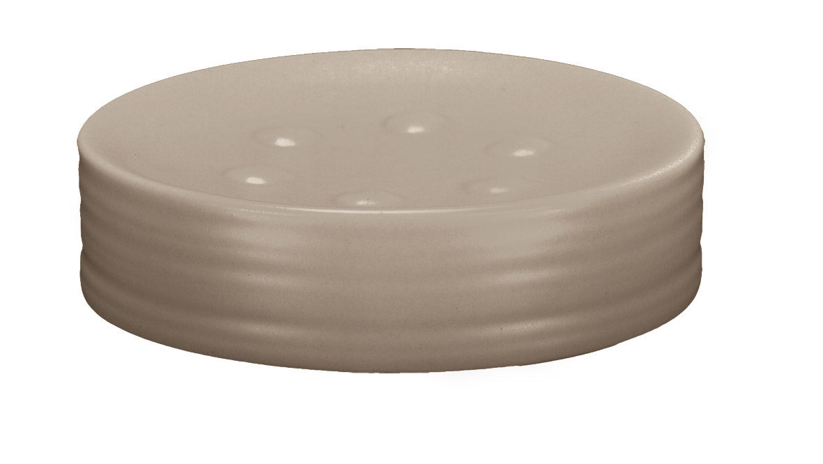 Runde beige Seifenschale aus Keramik mit Rillen und Ablaufnoppen