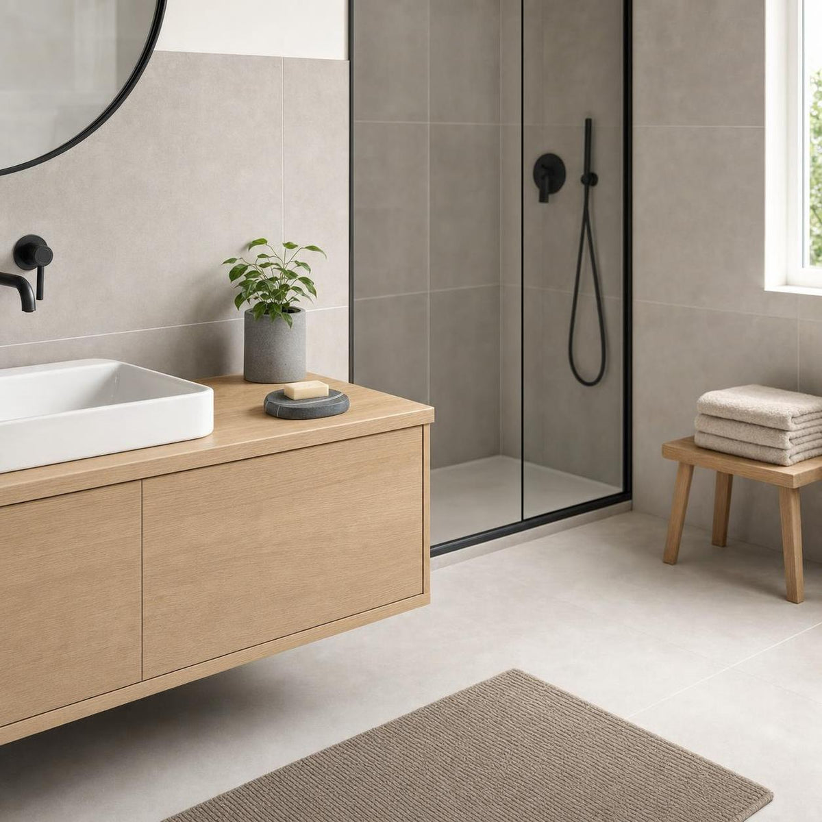 Beige Badematte liegt vor Waschtisch und Dusche im modernen Bad.